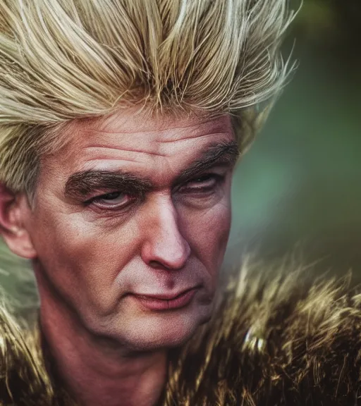 Image similar to award winning 5 5 mm close up portrait color photo of super saiyan trump, in a park by luis royo and stefan kostic. soft light. sony a 7 r iv