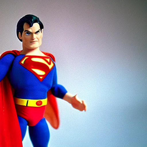 Prompt: toy photography. an orange and red knock-off of a Superman action figure. 1993. Slight macro shot