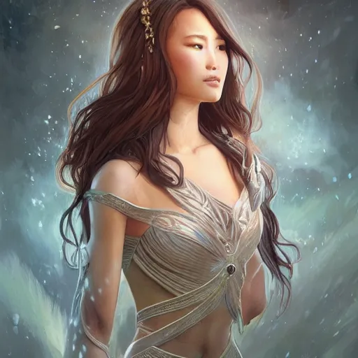 Prompt: full figure ultra realistic illustration, jamie chung as amora, intricate, elegant, highly detailed, digital painting, artstation, concept art, smooth, sharp focus, illustration, art by artgerm and greg rutkowski and alphonse mucha