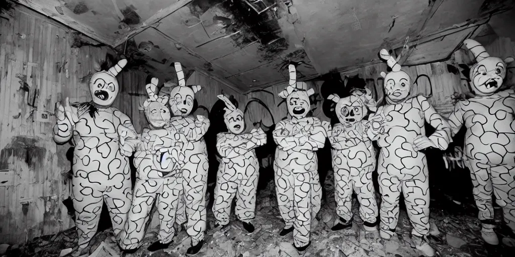 Image similar to Juggalo Teletubbies band photoshoot inside abandoned dollhouse, 1980s surrealism aesthetic, detailed facial expressions, graffiti on the walls and ceiling