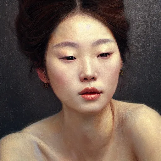 Image similar to high quality portrait painting of woman by Fenghua Zhong and Gustav Klimt, stunning, detailing, artstation trending, perfect lighting, golden hour, elegant, delicate, master work, face detailing