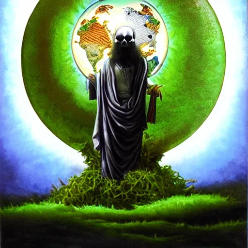 Image similar to ultrarealistic mixed art painting of a skull face Jesus Christ standing tall with the earth sphere in background, drowning into thermonuclear blast mushroom, praying for peace