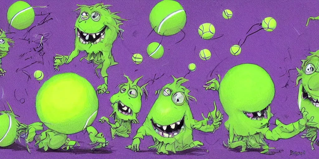 Prompt: tennis ball monsters playing on a tennis court, purple, digital art, fantasy, magic, chalk, chalked, trending on artstation, ultra detailed, detailed, fine details, professional illustration by basil gogos