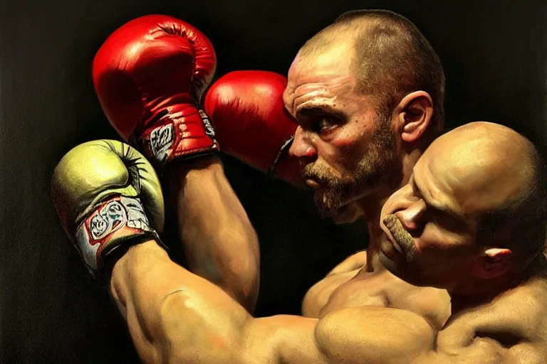 Image similar to portrait, realistic painting image about a boxer has a electric boxing gloves, versus a ghoul. dramatic scene, horror, dramatic lighting realism, created by gustave courbet and michaelangelo, trending in artstation, fine art, smooth draw with oil painting.