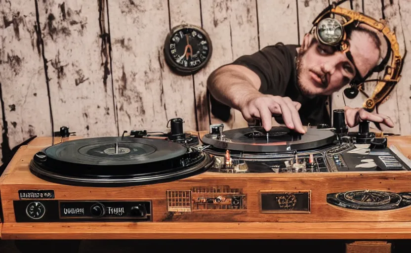 Image similar to a turntablist dj scratching on a retro steampunk clockwork mixing board and record player