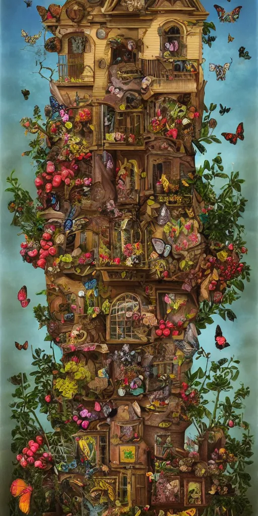 Prompt: a house with a tower, owl, butterflies, berries, lowbrow in the style of mark ryden and gioseppo arcimboldo, 8 k, from far away, + w 1 0 2 4