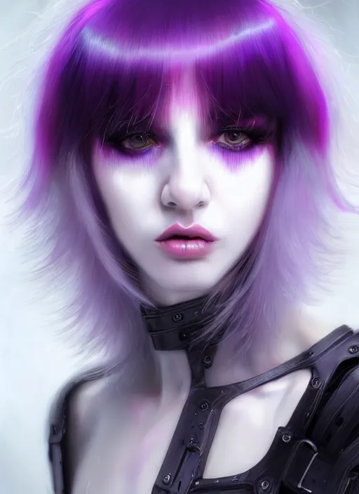 Image similar to hair whitebangs hair, black cyberlox, portrait of normal teenage girl, white bangs, messy bangs, fluffy bangs, cyberlox, whitebangs, red contact lenses, purple background, intricate, elegant, highly detailed, digital painting, artstation, concept art, sharp focus, smooth, illustration, art by wlop, mars ravelo and greg rutkowski