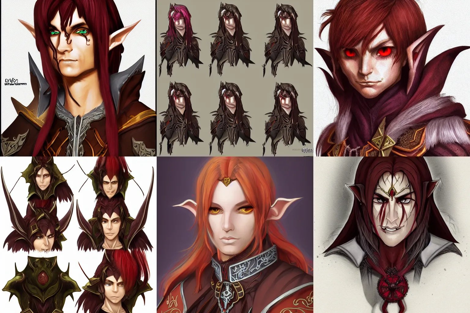 Prompt: Faldrin Dremoran half-elf warlock evil high detail, (((light brown))) hair and (((ruby))) (((red))) eyes long ears glaring in a fantasy style, Trending on artstation, trending on deviantArt, trending on pixiv