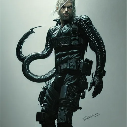 Prompt: portrait of snake from metalgear, dark, piercing eyes, exotic expression, esoteric clothing, photorealistic, highly detailed, mysterious lighting, artstation, smooth, sharp focus, art by michael whelan, artgerm, greg rutkowski and luis royo