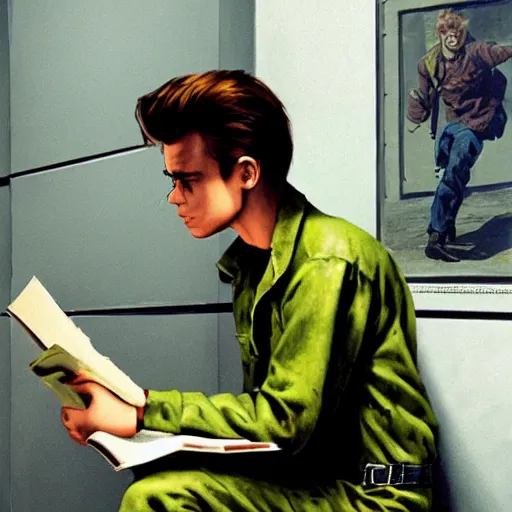 Prompt: a highly detailed epic cinematic concept art CG render digital painting artwork costume design: young James Dean as a well-kept neat anarchist rebel in 1950s USSR green overalls and big boots, reading a book. By Greg Rutkowski, Ilya Kuvshinov, WLOP, Stanley Artgerm Lau, Ruan Jia and Fenghua Zhong, trending on ArtStation, subtle muted cinematic colors, made in Maya, Blender and Photoshop, octane render, excellent composition, cinematic atmosphere, dynamic dramatic cinematic lighting, aesthetic, very inspirational, arthouse