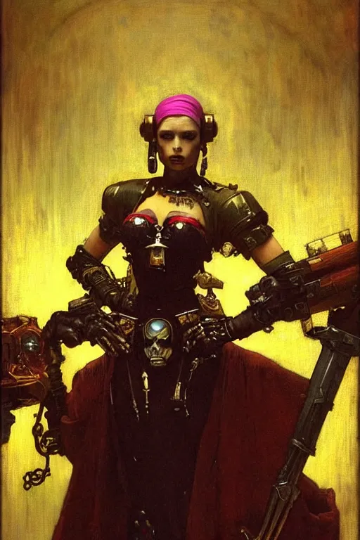 Image similar to full character portrait max mad cyberpunk warhammer 4 0 k, tech priest not the girl with the pearl earring character design, painting by gaston bussiere, katsuya terada, wyeth, greg rutkowski, craig mullins, ( ( ( ( ( vermeer ) ) ) ) ), frank frazetta, mucha, tom of finland, trending on artstation