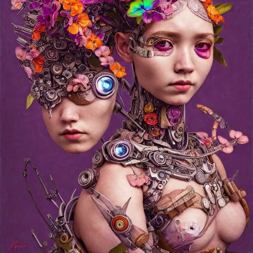 Image similar to alexa demie as a fae cyborg warrior, orchid, portrait face, colorful, kupka, intricate, miles johnston, kuroda seiki, ozabu, godward, painterly, yoshitaka amano, moebius, miles johnston, louise zhang, james jean, mark ryden lowbrow pop surrealism art style, 4 k,