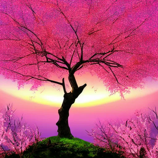 Prompt: A sakura tree on a hill, digital art, pink sunset