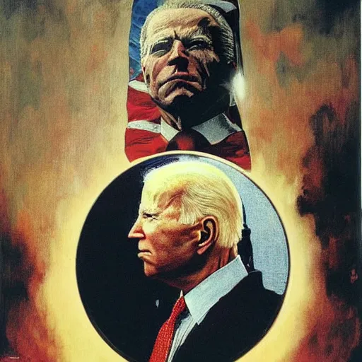 Image similar to giant distorted joe biden reconstructing the multiverse from a shattered mirror, american patriotism, perfectly clear face, by j. c. leyendecker and beksinski