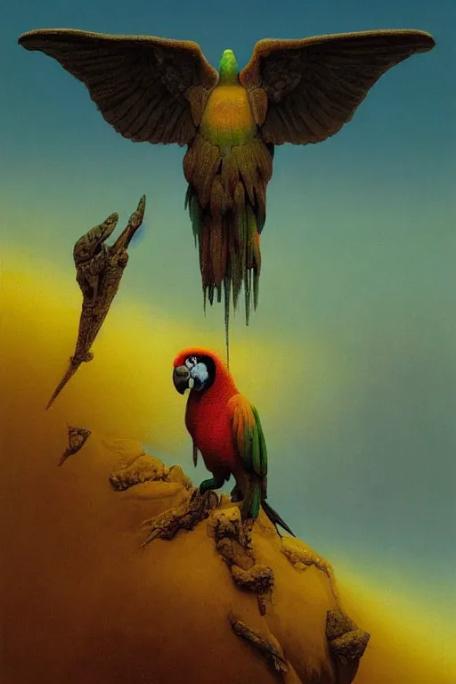 Image similar to painting of cross between parrot & rhino, intercrossed animal, by zdzislaw beksinski, by tiffany bozic, warm tone gradient background, concept art, beautiful composition, digital painting,