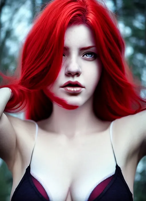 Image similar to photo of gorgeous woman with red and white half dye hair in the style of stefan kostic, realistic, half body shot, sharp focus, 8 k high definition, insanely detailed, intricate, elegant, art by stanley lau and artgerm, foggy backgeound