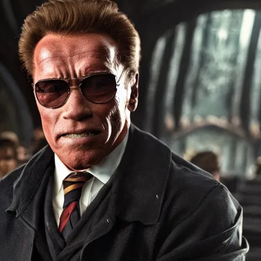 Image similar to Arnold Schwarzenegger as Harry Potter, 4k movie screen capture, high detail