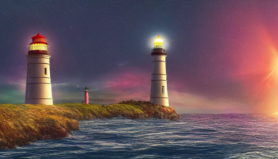 Image similar to a ufo hovers over a lighthouse out at sea, digital art, highly detailed, realistic, bright colors, 8 k