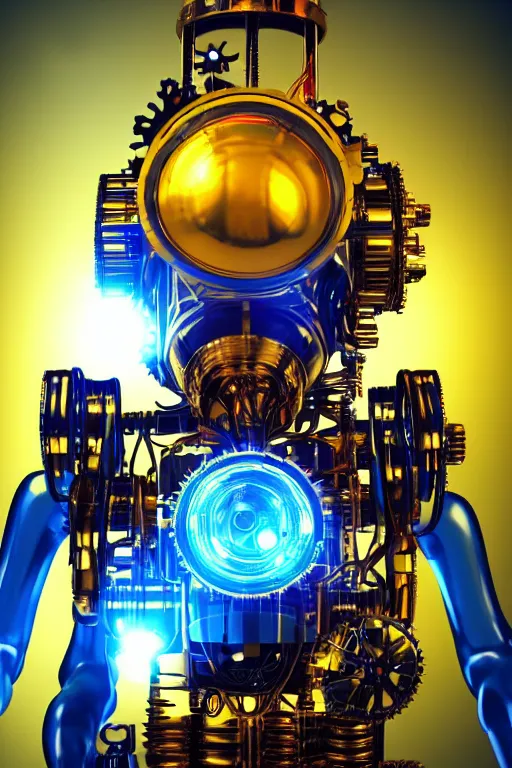 Image similar to portrait photo of a giant huge golden and blue metal humanoid steampunk robot witha huge camera on the head, with gears and tubes, eyes are glowing red lightbulbs, shiny crisp finish, 3 d render, 8 k, insaneley detailed, fluorescent colors, background is multicolored lasershow