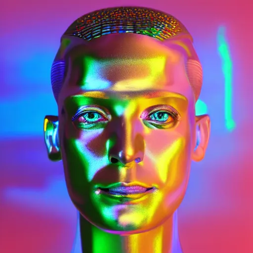 Image similar to 3d render of holographic human robotic head made of glossy iridescent, surrealistic 3d illustration of a human face non-binary, non binary model, 3d model human, cryengine, made of holographic texture, holographic material, holographic rainbow, concept of cyborg and artificial intelligence