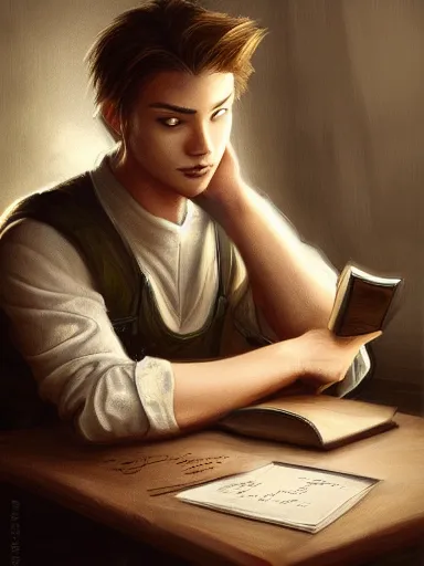 Image similar to a young handsome guy, writing a poem. intricate, elegant, highly detailed, digital painting, artstation, concept art, sharp focus, illustration, by justin gerard and artgerm, 8 k