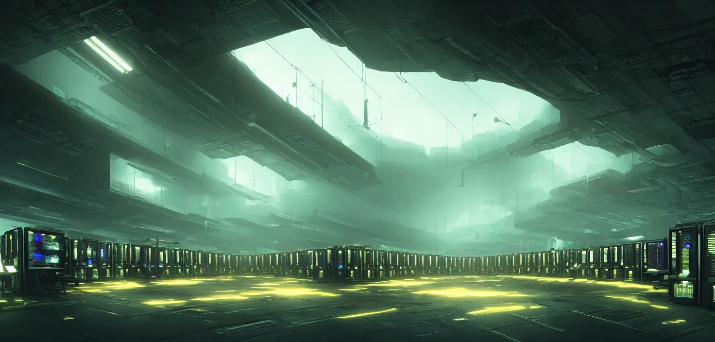 Image similar to computers, green screen, wired in, in a highly detailed server room with computers everywhere, cinematic view, epic sky, detailed, concept art, low angle, high detail, warm lighting, volumetric, godrays, vivid, beautiful, trending on artstation, by jordan grimmer, huge scene, art greg rutkowski