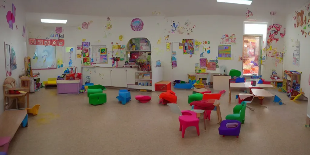 Image similar to childrens daycare indoors limital space, not well litt, creepy photo