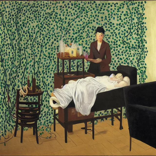 Image similar to a female pathology student in her apartment, wrapped in vines, medical equipment, candles, octopus, first aid kit, pig, black walls, ikebana, black armchair, sculpture, acrylic on canvas, surrealist, by magritte and monet