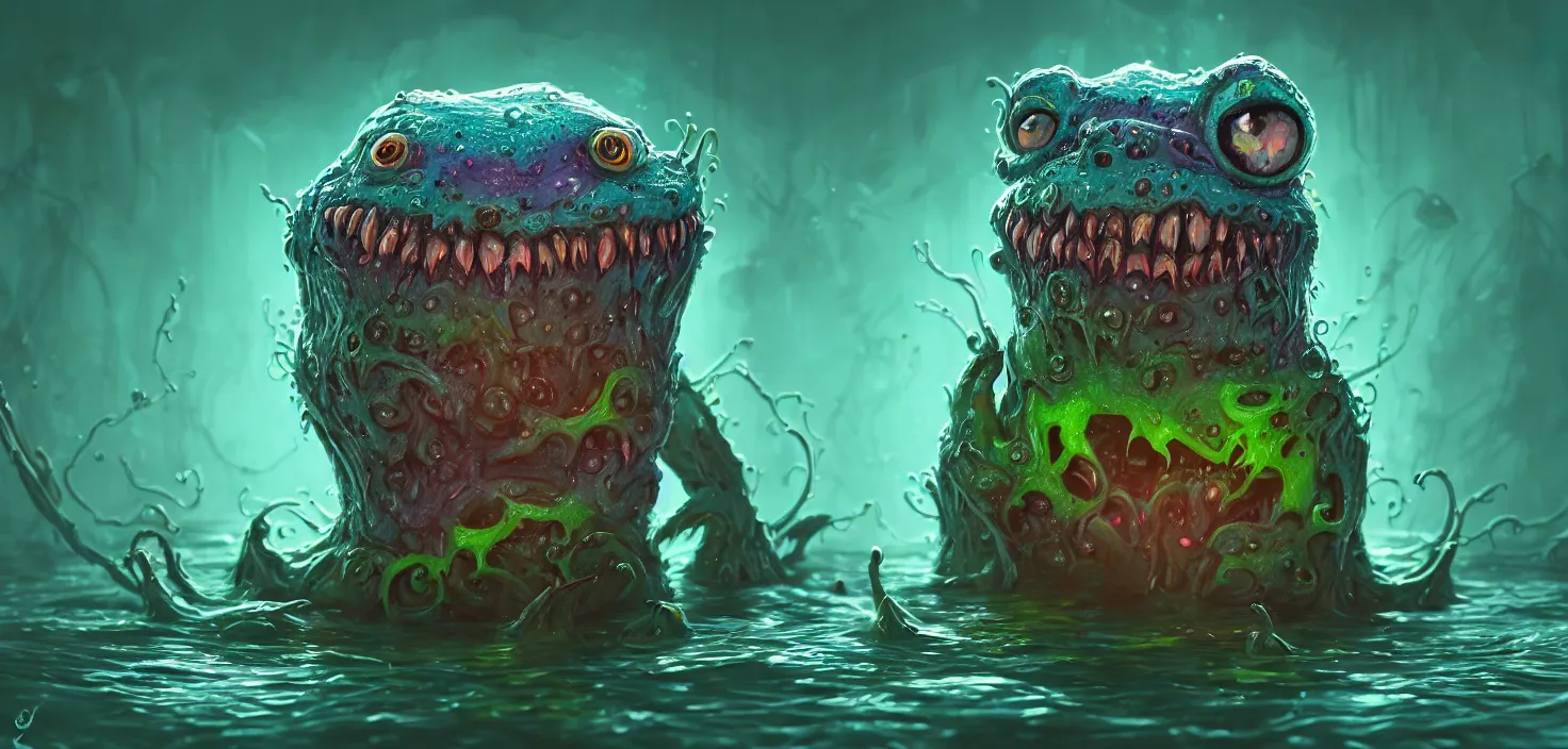 Prompt: intricate colourful murky сен with strange cute friendly horror crazy monsters with huge beauty eyes long tongue triangle teeth and scary face appearing from the water, in the style of craola, shallow depth of field, highly detailed, digital painting, trending artstation, concept art, illustration, cinematic lighting, vibrant colors, photorealism, epic, octane render