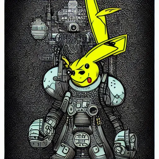 Image similar to a drawing of cyberpunk warhammer pikachu by Joe Fenton