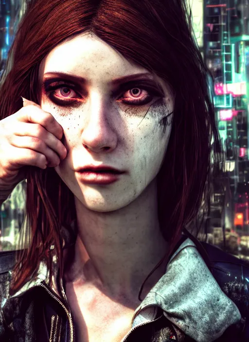 Image similar to 3 / 4 portrait, 3 5 mm dslr photo, emma slave, gang clothing, brunette, long hair, fashion, id magazine, hyperrealism, detailed textures, photorealistic, 3 d cyberpunk apocalyptic city, ultra realistic, cinematic, intricate, cinematic light, unreal engine 8 k,, david kostic, artgerm