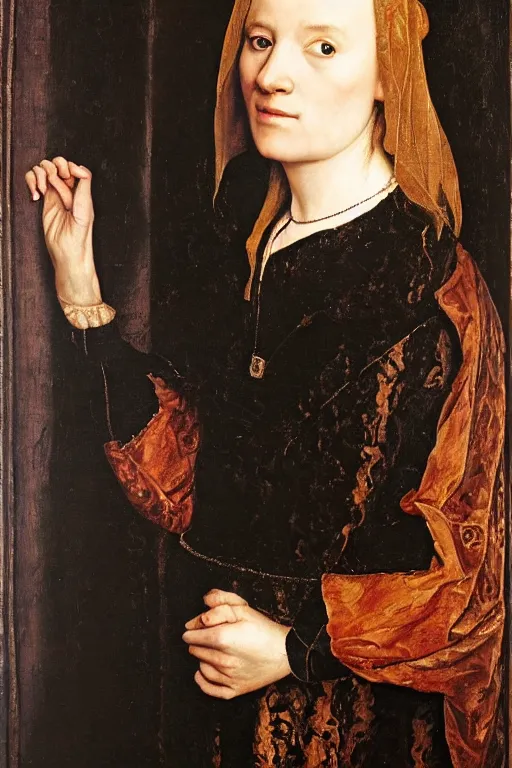 Image similar to portrait of juliette lewis, oil painting by jan van eyck, by hans holbein, northern renaissance art, old masters, alla prima, realistic, expressive emotions, intricate textures, illusionistic detail, masterpiece