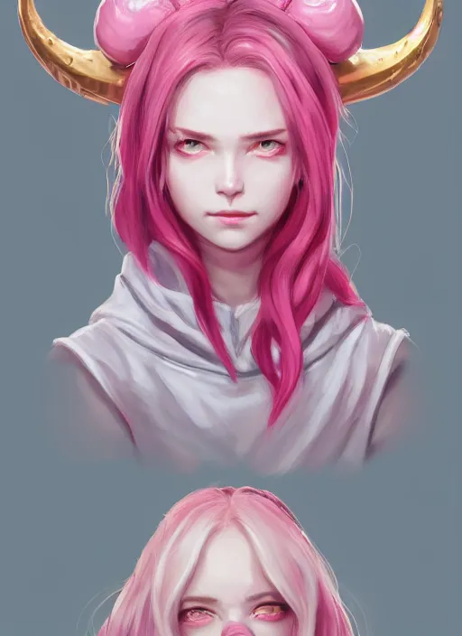 Prompt: a highly detailed illustration of cute smug pink haired pale girl with curved horns wearing oversized pink hoodie, dramatic smirk pose, intricate, elegant, highly detailed, centered, digital painting, artstation, concept art, smooth, sharp focus, league of legends concept art, wlop.