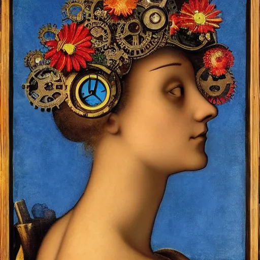 Image similar to portrait of a beautiful young cyborg woman with a big steampunk flower crown and part mechanical face , Metropolis, by Leonardo Da Vinci in the style of Man Ray