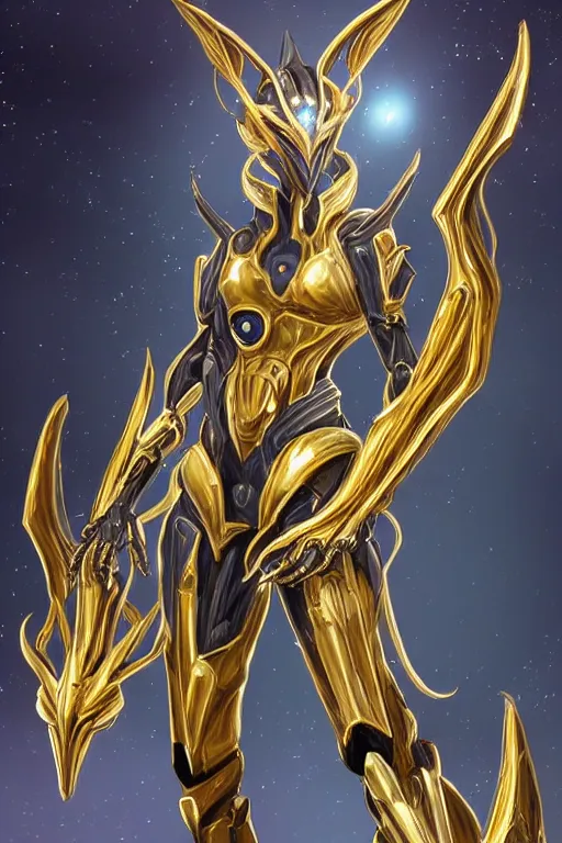 Image similar to intricate high detail elegant beautiful stunning quality cosmic huge god giantess hot female warframe anthro mecha female dragon goddess, gold body, sleek metal ears, sleek eyes, smooth blue skin, sleek gold armor, bigger than galaxy, epic proportions, epic scale, epic size, warframe destiny art, furry, dragon art, goddess, giantess, furaffinity, octane