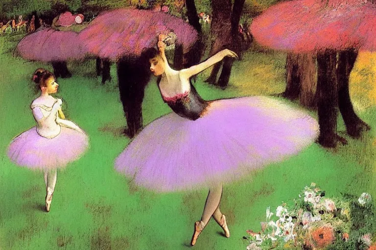 Prompt: ballerina under giant flowers painting by Edgar Degas