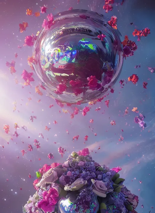 Image similar to An epic fantastic realism comic book style painting of the most beautiful flowers launched into space, perfect shiny silver iridescent spheres, bouquets, fisheye lens, unreal 5, DAZ, hyperrealistic, octane render, dynamic lighting