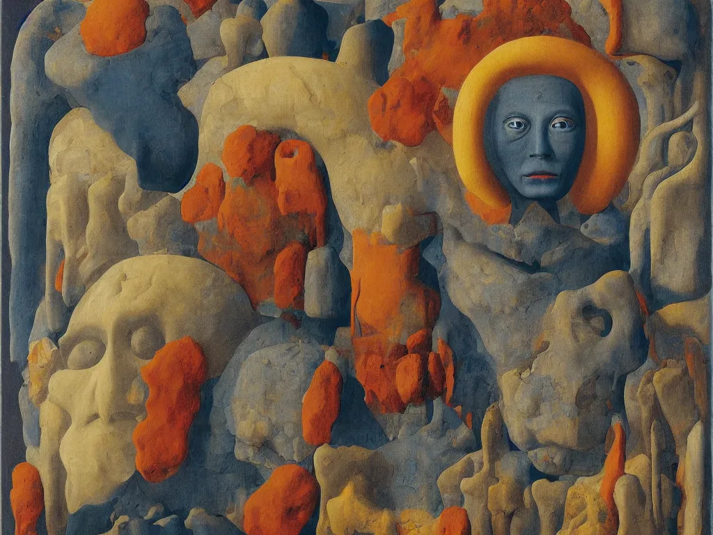 Image similar to Portrait of albino mystic with blue eyes, with totemic archaic mask made from hard lava stone. Painting by Jan van Eyck, Audubon, Rene Magritte, Agnes Pelton, Max Ernst, Walton Ford