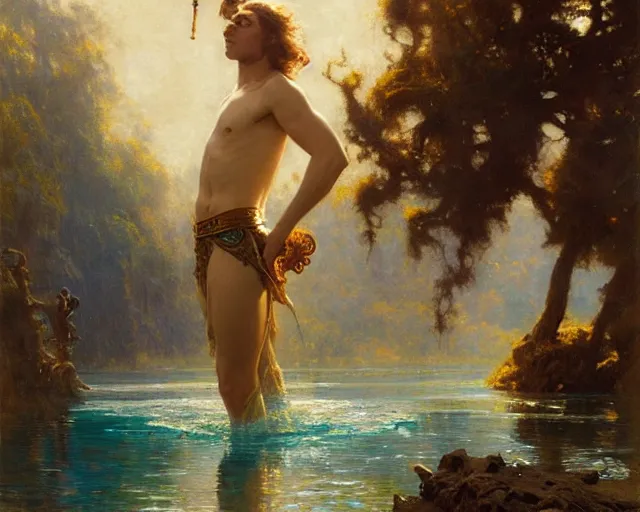 Image similar to attractive male wizard casting water spell in a beautiful lake. highly detailed painting by gaston bussiere, craig mullins, j. c. leyendecker 8 k