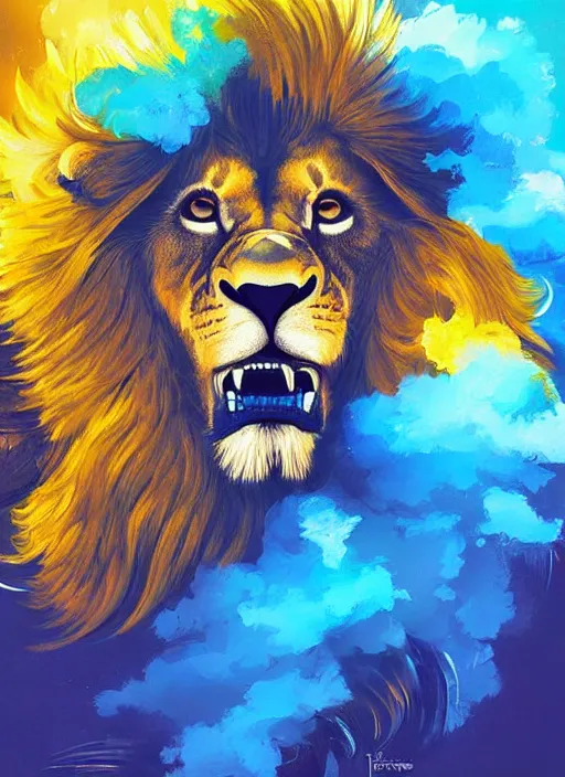 Prompt: a painting of a lion's face with blue and yellow smoke coming out of, a digital painting by petros afshar, behance contest winner, digital art, behance hd, digital illustration, digital painting