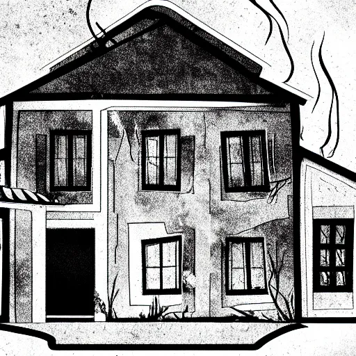 Prompt: black and white storybook illustration of an abandoned house burning, storybook illustration, monochromatic, black and white