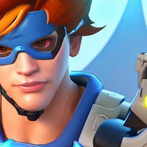 Image similar to a screenshot of arnold schwarzenegger as tracer in overwatch