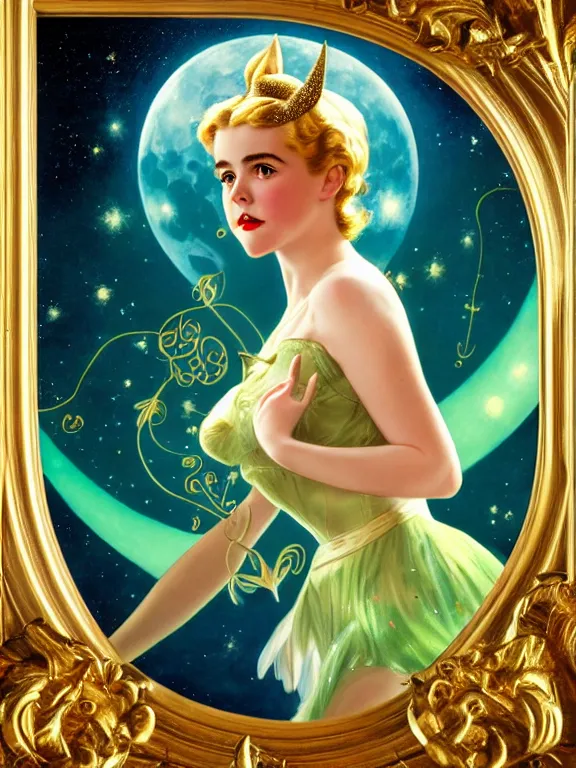 Image similar to kiernan shipka as tinkerbell, a beautiful art nouveau portrait by Gil elvgren, moonlit starry sky environment, centered composition, defined features, golden ratio, gold jewlery, photorealistic professionals lighting, cinematic, sheer