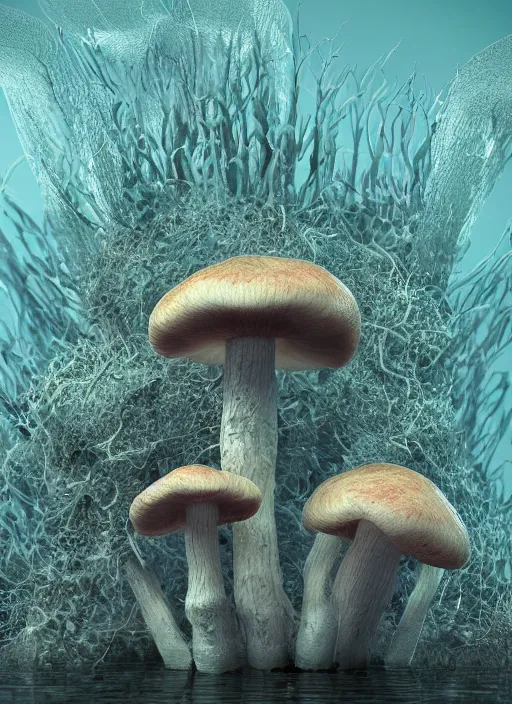 Prompt: mycelium growing into a mushroom, 3 d render in octane, glossy, fractals, beautiful lighting, fog, depth, under water, ernst haeckel