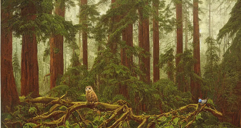 Prompt: epic painting of a coastal redwood forest, an owl sits on a park bench in the lower right, Joachim Patinier