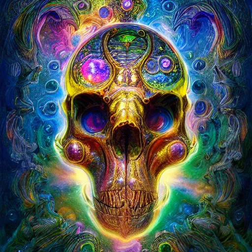 Image similar to portrait of a fantasycore glitchcore deformed animal skull in a helmet. intricate abstract. intricate artwork. celestial. prismatic, by josephine wall, pixar, ghibli. octane render, CGSociety very coherent symmetrical artwork. cinematic, hyper realism, high detail, octane render, 8k, holographic accents