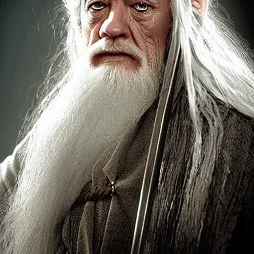 Image similar to a still from “ lord of the rings ” of a head and shoulders portrait of gandalf played by evil betty, photo by phil noto