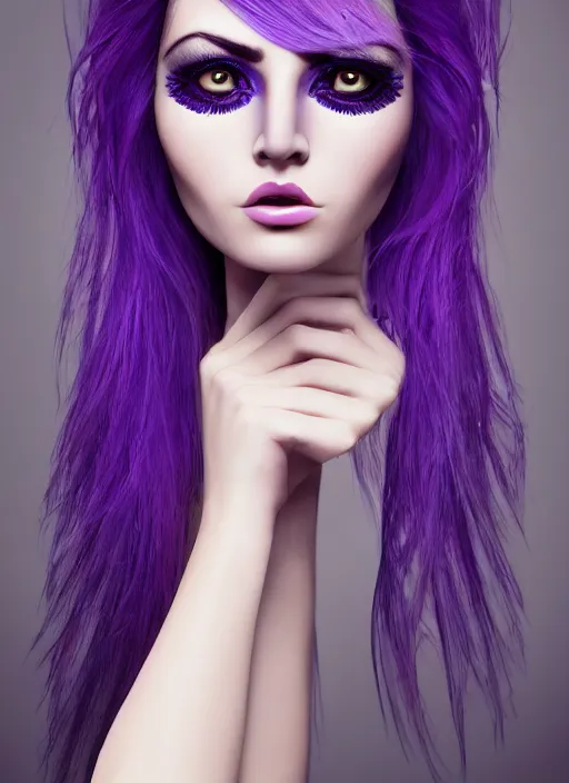 Image similar to photorealistic 3 0 0 0 cyclopes beautiful female with purple hair one eye portrait photography feroflex photorealistic studio lighting ektachrome detailed intricate face details, ultradetails, beautiful face, realistic shaded perfect face, extremely fine details