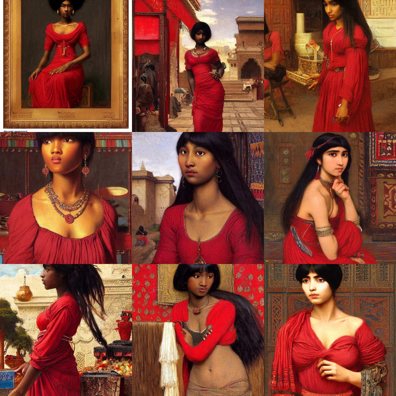 Prompt: orientalist portrait of a dark-skinned woman with bangs wearing a red dress selling tapestries in a busy marketplace intricate artwork by Fabio Fabbi and john william waterhouse and Edwin Longsden Long and Nasreddine Dinet and Theodore Ralli trending on artstation, very coherent symmetrical artwork high detail 8k