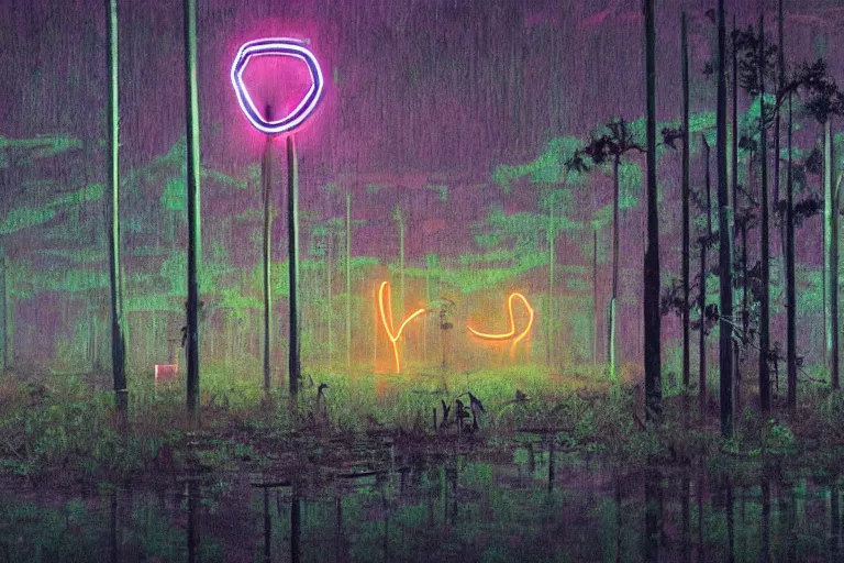 Image similar to scene from louisiana swamps,, neon cross, voodoo, 8 k, hyper detailed, artwork by tim eitel